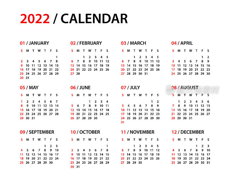 日历2022 -简单布局插图。一周从周日开始。日历设定为2022年